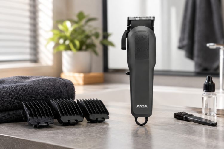 A black Hair Cutting Clipper with guide combs and grooming tools arranged on a modern bathroom vanity for convenient home haircuts.
