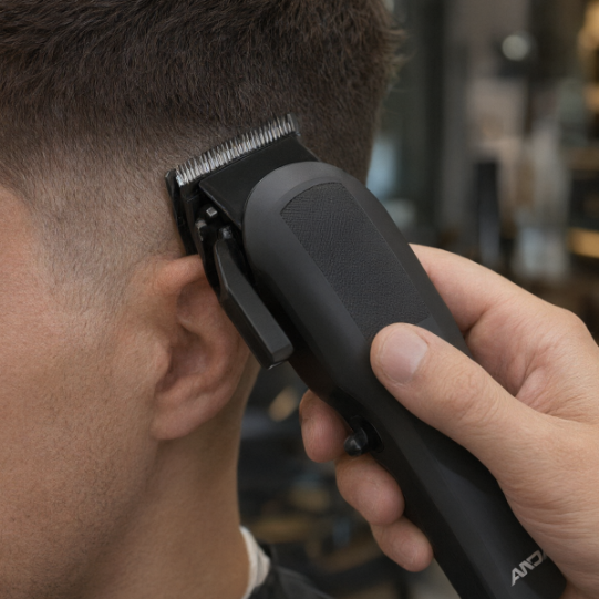 A barber's hand using a black hair cutting clipper to trim hair near the temple, demonstrating ergonomic grip and precision control.